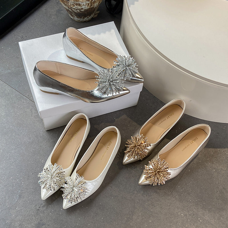 Women's 6cm Invisible Height Increase Mary Jane Flats, French Elegant Pointed Toe Low Cut Slip On Shoes, Rhinestone Floral Decor Dress Shoes For