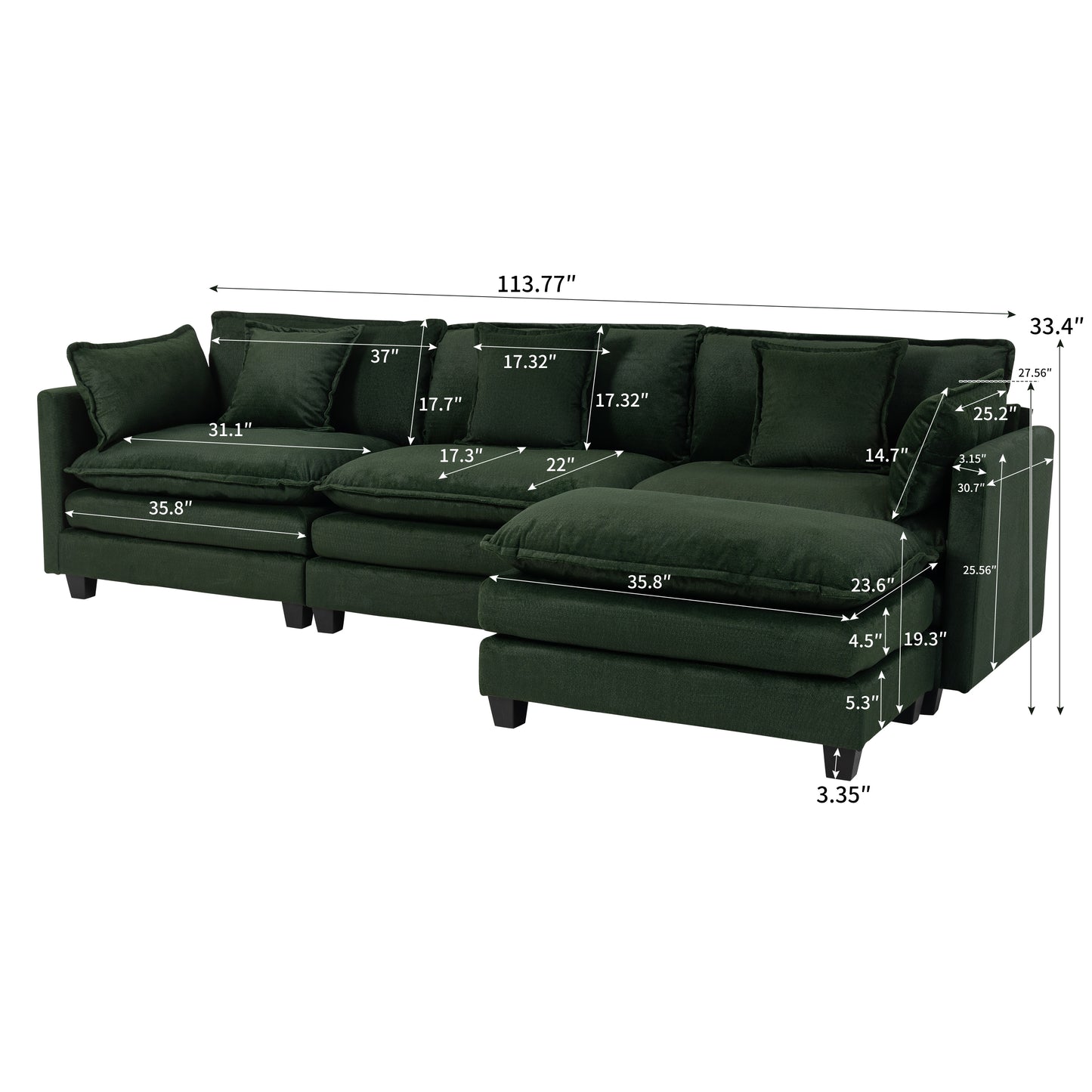 Modern 3seats with ottoman 113.77"Sectional Sofa with Waist