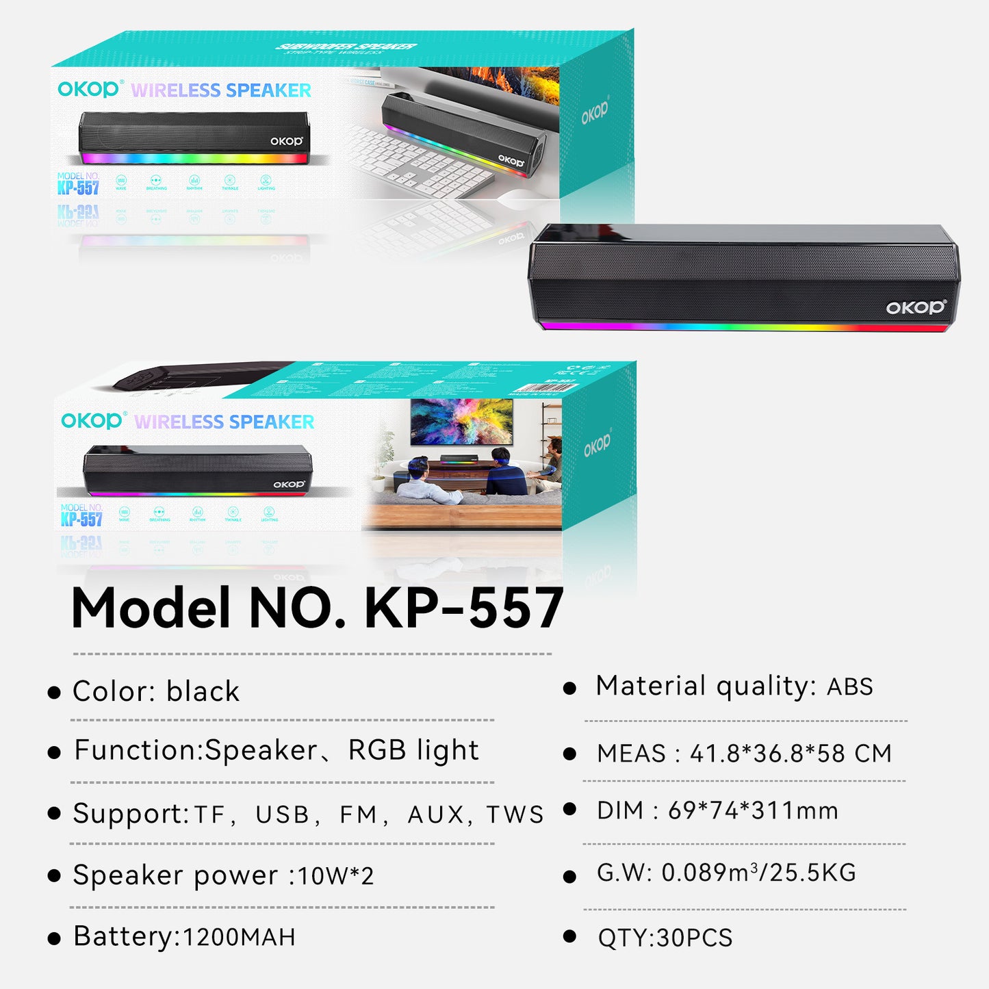 KP-557 Bluetooth Speaker With RGB Colorful Lights Home Soundbar With Wireless Bluetooth Deep Bass High-Fidelity Surround Sound And Card Playback
