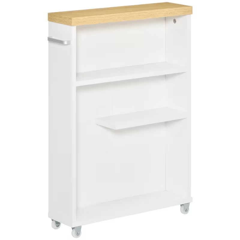 Slim Rolling Storage Cabinet With Wood Top, Narrow Gap Organizer Cart With Side Handle & Wheels, 3 Open Shelves Space Saver For Bathroom Kitchen