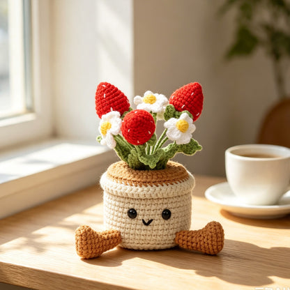 Handmade Crochet Strawberry And Tiny Bloom Pot Ornament Soft Yarn Everlasting Crochet Fruit Flower Decor With Foot Fittings Indoor Home Tabletop