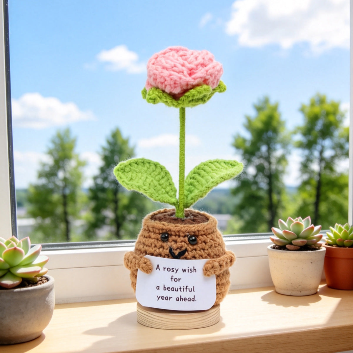 Handmade Crochet Romantic Shaped Potted Flower Ornaments, Everlasting Soft Yarn Crochet Blooms With Inspirational Note, Indoor Home Tabletop