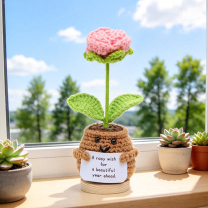 Handmade Crochet Romantic Shaped Potted Flower Ornaments, Everlasting Soft Yarn Crochet Blooms With Inspirational Note, Indoor Home Tabletop