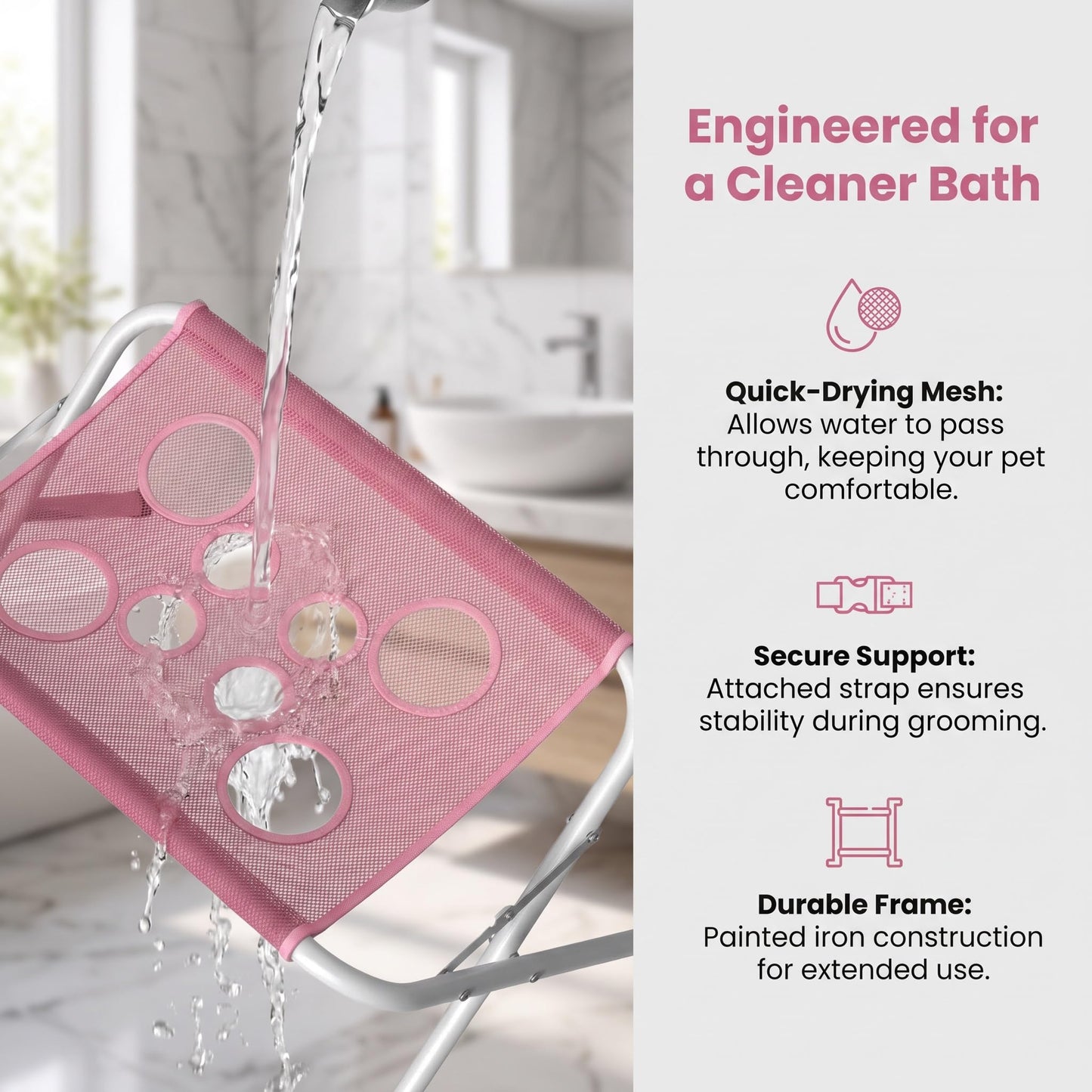 Grooming Pet Bath Stand Mesh Bathing Station, Pink Foldable Metal Structure With Quick Surface And Strap, Suitable For Pet Washing Maintenance Travel