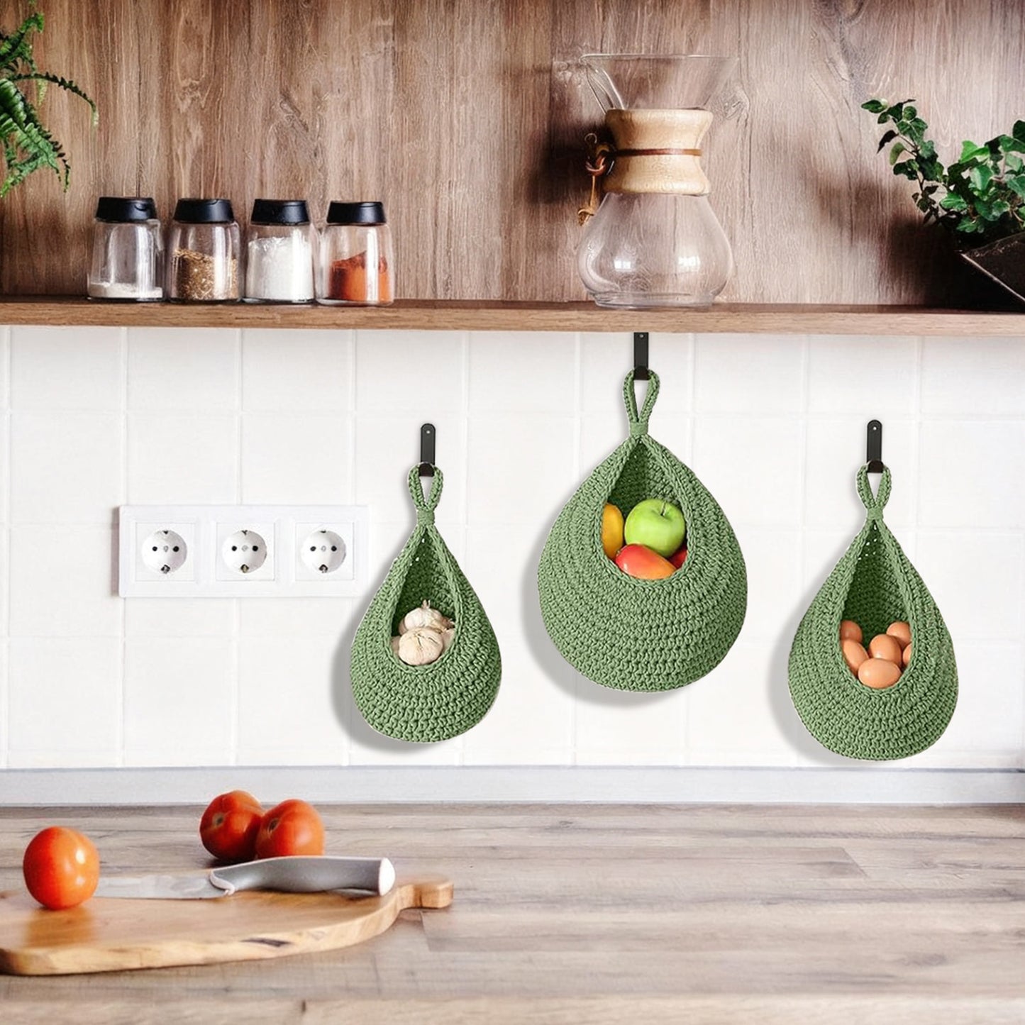 Kitchen Organizer - Boho-Style Vegetable Hanging Baskets - Set Of 3