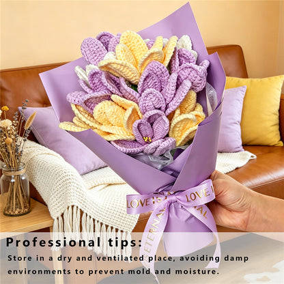 Handmade Crochet Tulip Bouquet, Everlasting Soft Yarn Crochet Purple