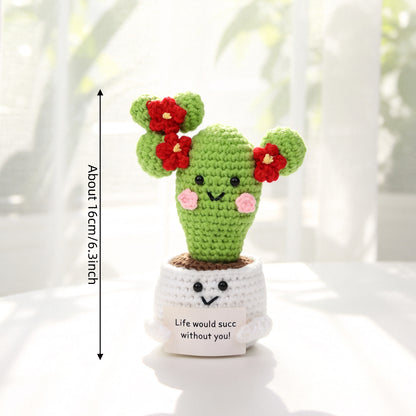 Handmade Crochet Cactus Pot Ornament With Bright Red Blossoms Soft Yarn Everlasting Crochet Plant With Message Card Indoor Home Tabletop Decorative