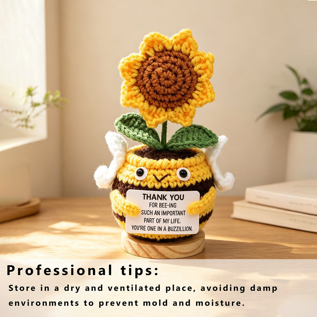 Handmade Crochet Bee Shaped Sunflower Pot Ornament Soft Yarn Everlasting Crochet Bloom With Thankful Message Card Indoor Home Tabletop Decorative
