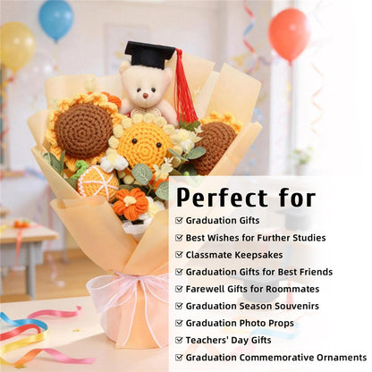 Graduation Handmade Crochet Bouquet, Knitted Sunflowers With Graduate