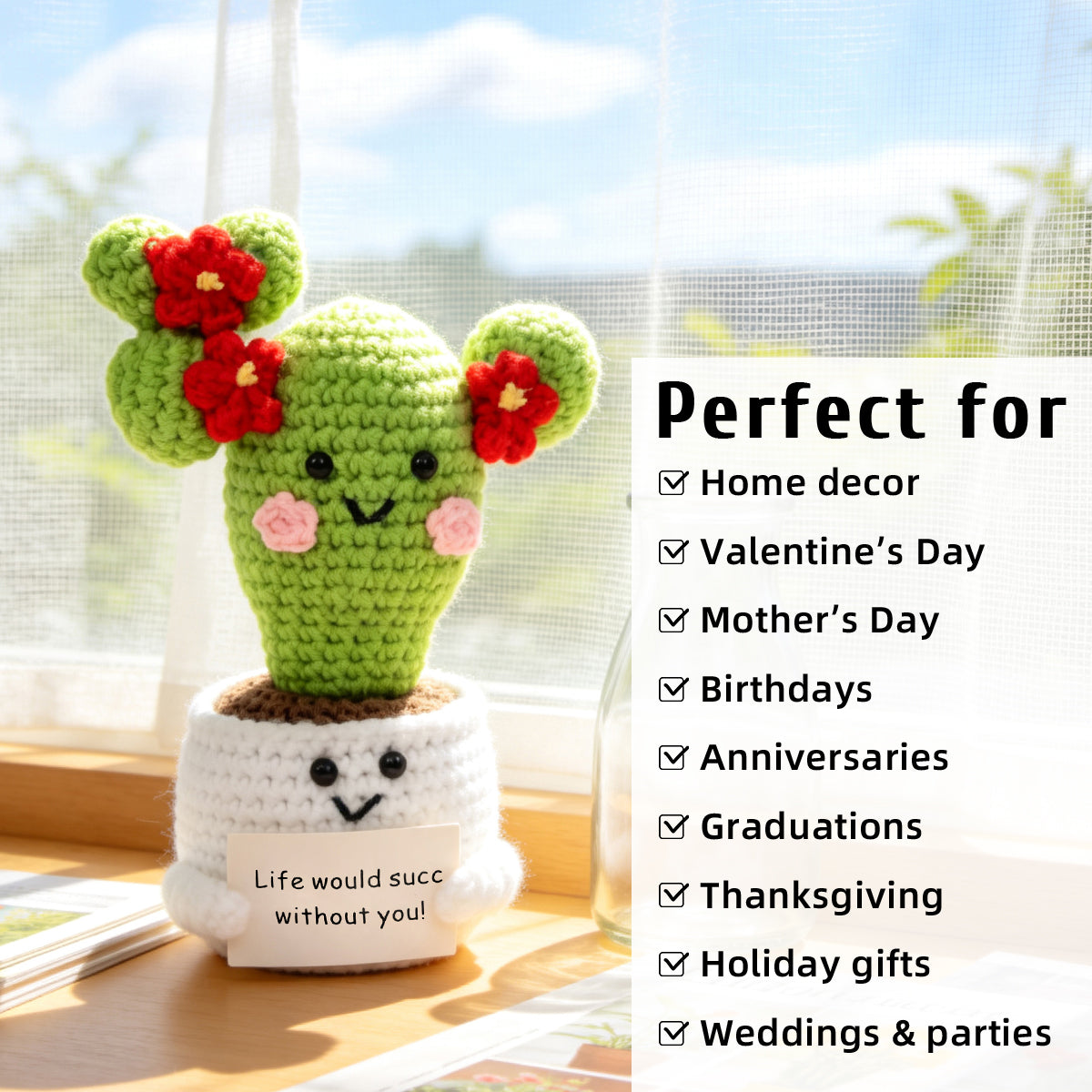 Handmade Crochet Cactus Pot Ornament With Bright Red Blossoms Soft Yarn Everlasting Crochet Plant With Message Card Indoor Home Tabletop Decorative