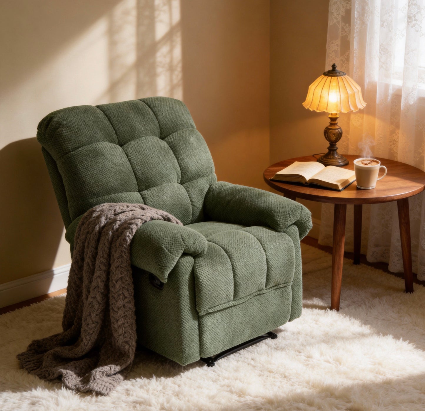 Green Recliner Chair, Overstuffed Armchair, Manual Recliner, Living