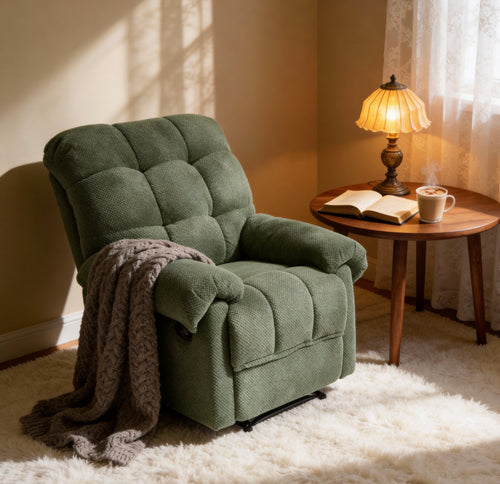 Green Recliner Chair, Overstuffed Armchair, Manual Recliner, Living