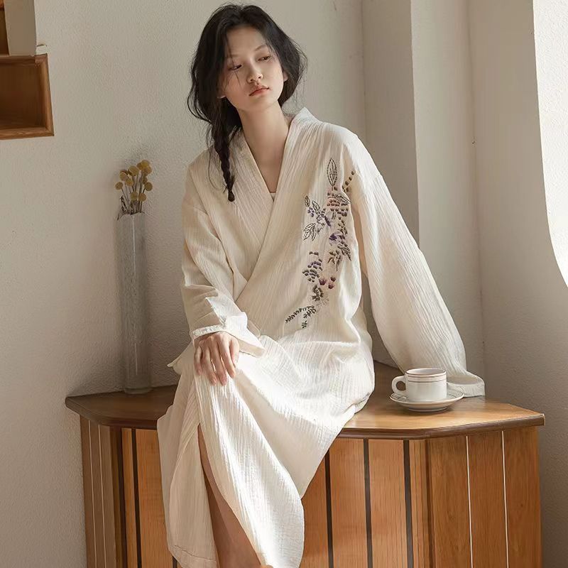 Long Sleeve Sleepwear Loose Cotton Robe Sweet Home Wear Outdoor Use