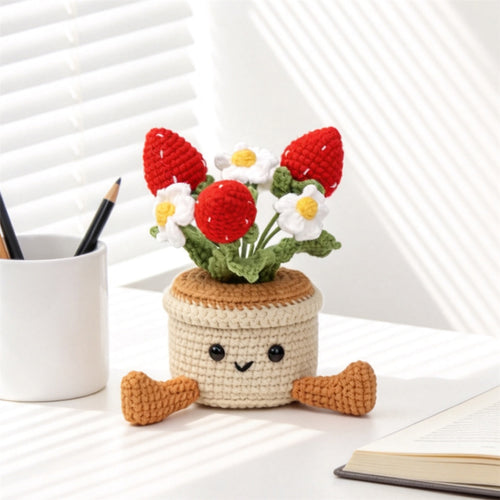 Handmade Crochet Strawberry And Tiny Bloom Pot Ornament Soft Yarn Everlasting Crochet Fruit Flower Decor With Foot Fittings Indoor Home Tabletop