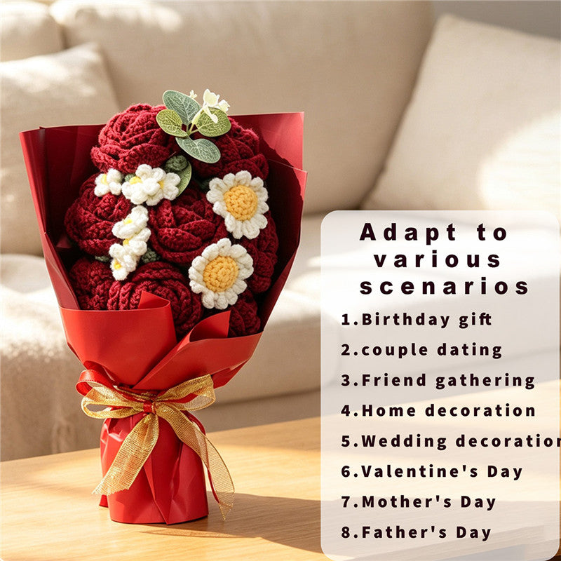 Handmade Crochet Flower Bouquet, Burgundy Roses Paired With Crochet