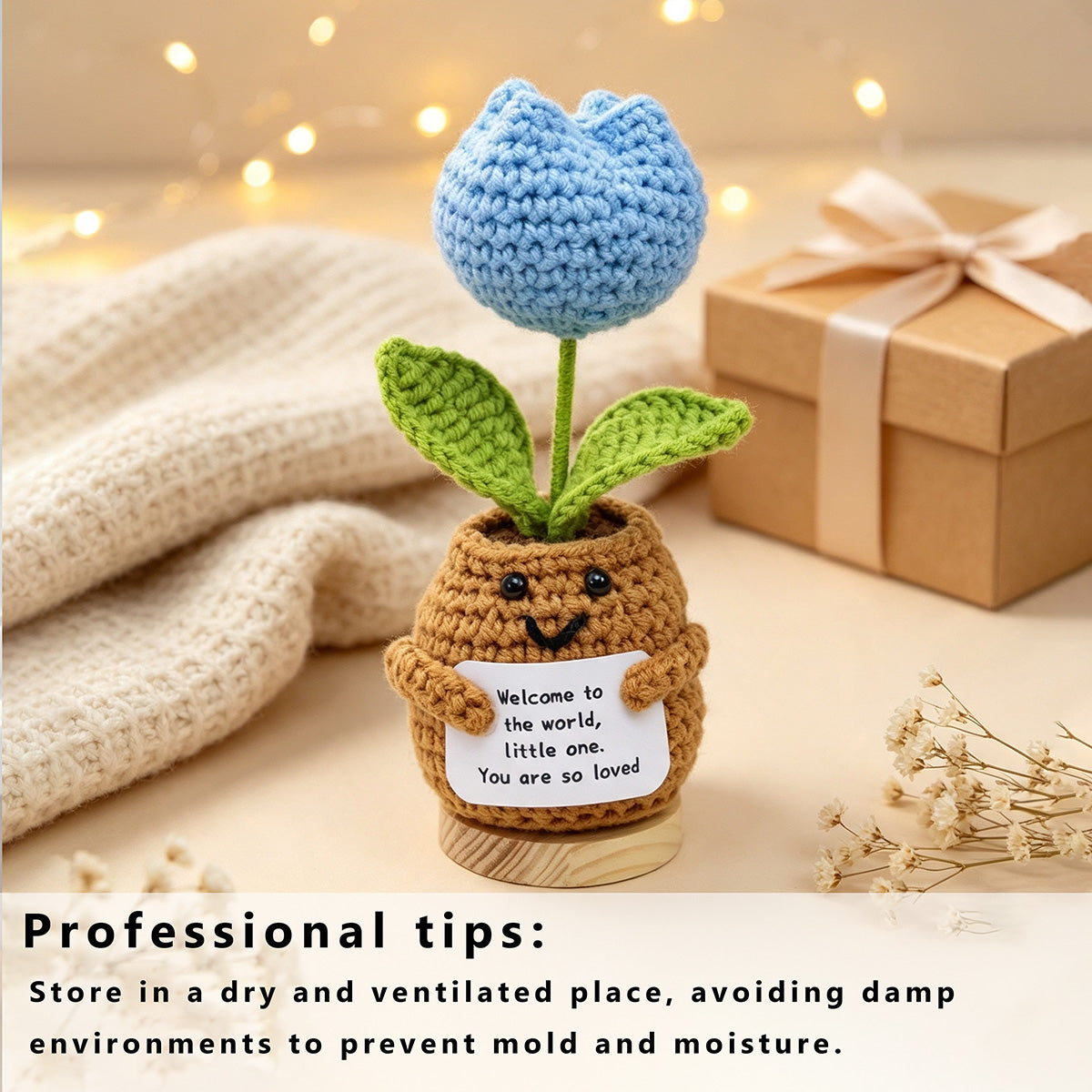 Handmade Crochet Tulip Shaped Potted Flower Ornament, Everlasting Soft Yarn Crochet Bloom With Warm Wish Note, Indoor Home Tabletop Decorative