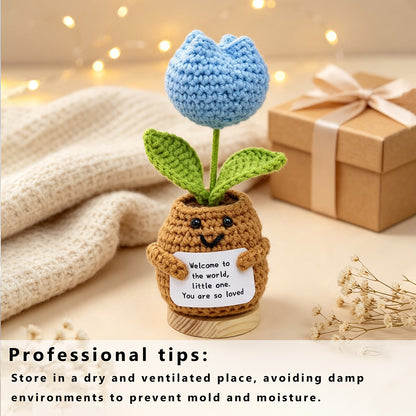 Handmade Crochet Tulip Shaped Potted Flower Ornament, Everlasting Soft Yarn Crochet Bloom With Warm Wish Note, Indoor Home Tabletop Decorative