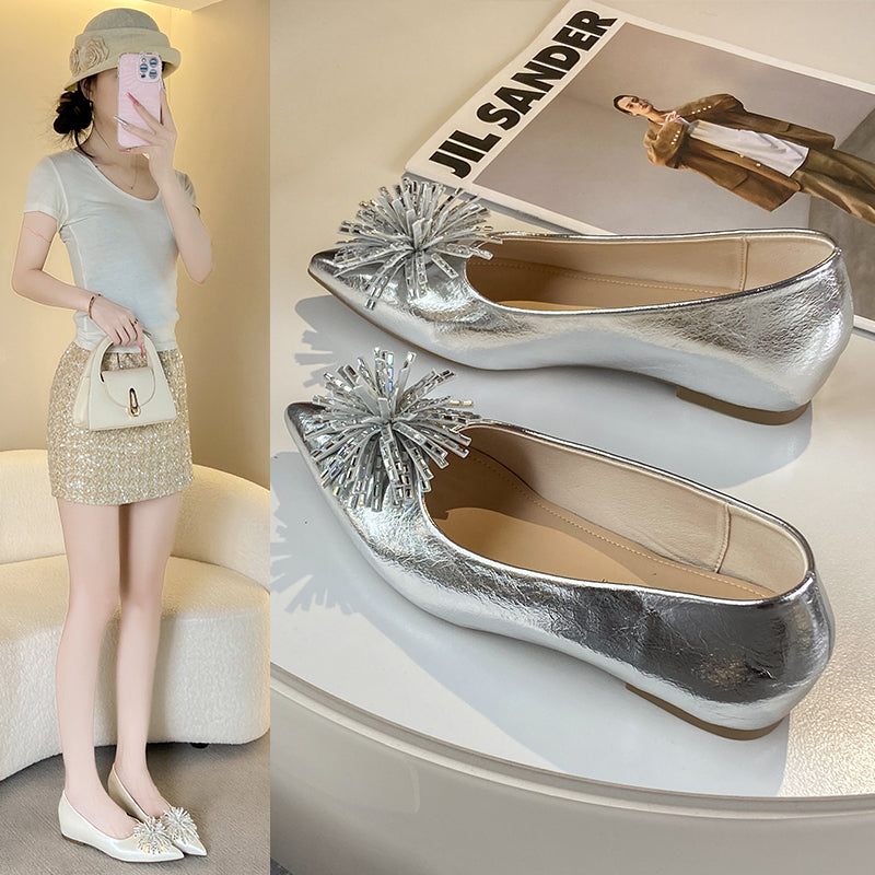Women's 6cm Invisible Height Increase Mary Jane Flats, French Elegant Pointed Toe Low Cut Slip On Shoes, Rhinestone Floral Decor Dress Shoes For