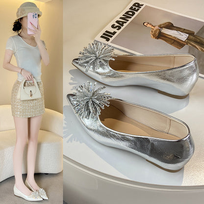 Women's 6cm Invisible Height Increase Mary Jane Flats, French Elegant Pointed Toe Low Cut Slip On Shoes, Rhinestone Floral Decor Dress Shoes For