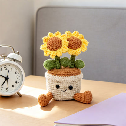 Handmade Crochet Double Sunflower Pot Ornament Soft Yarn Everlasting Crochet Blooms With FootShaped Parts Indoor Home Tabletop Decorative Ornament