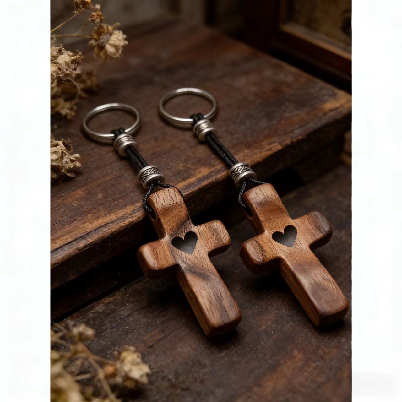 Black Walnut Wood Cross Keychain with Heart Charm - Easter Wooden Pendant for Bag Decor Gift