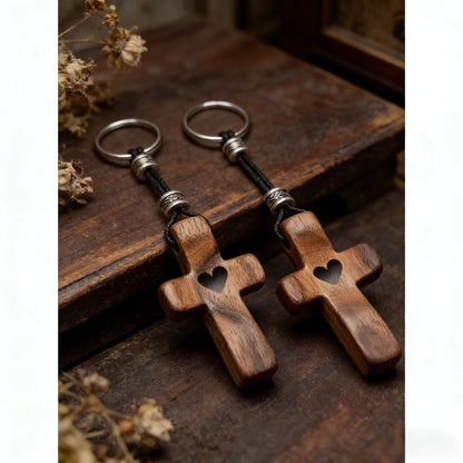 Black Walnut Wood Cross Keychain with Heart Charm - Easter Wooden Pendant for Bag Decor Gift