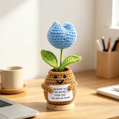 Handmade Crochet Tulip Shaped Potted Flower Ornament, Everlasting Soft Yarn Crochet Bloom With Warm Wish Note, Indoor Home Tabletop Decorative