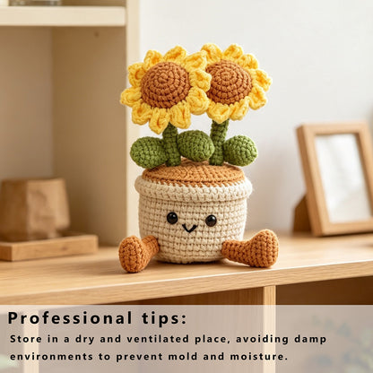 Handmade Crochet Double Sunflower Pot Ornament Soft Yarn Everlasting Crochet Blooms With FootShaped Parts Indoor Home Tabletop Decorative Ornament