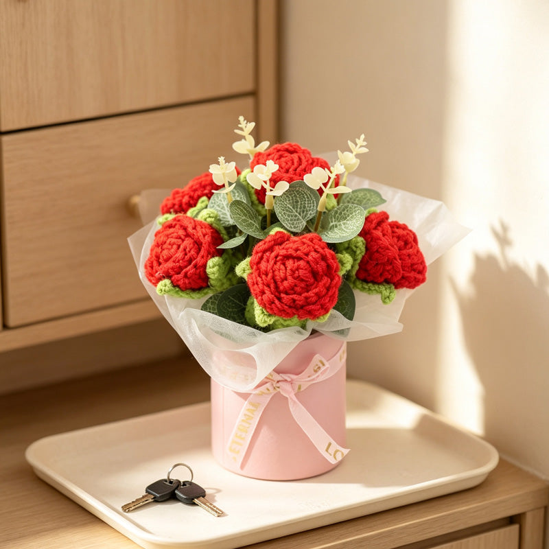 Smart Home Gadget - Handmade Crochet Flower Bouquet, Rich Red Rose