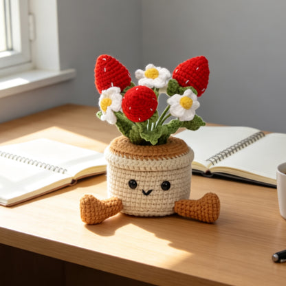 Handmade Crochet Strawberry And Tiny Bloom Pot Ornament Soft Yarn Everlasting Crochet Fruit Flower Decor With Foot Fittings Indoor Home Tabletop