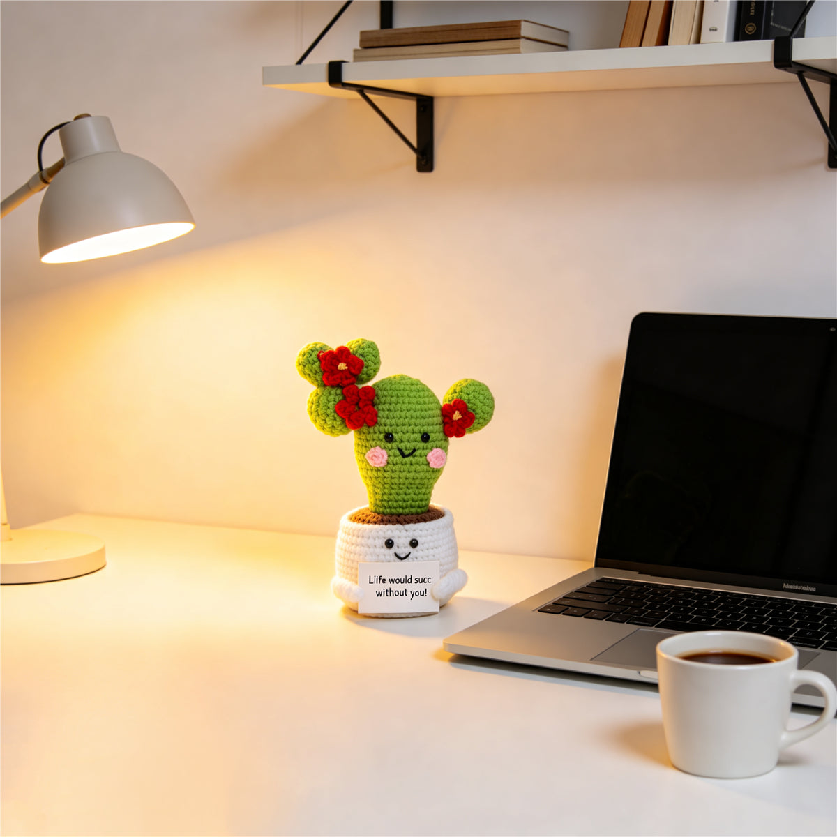 Handmade Crochet Cactus Pot Ornament With Bright Red Blossoms Soft Yarn Everlasting Crochet Plant With Message Card Indoor Home Tabletop Decorative