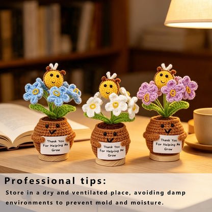 Handmade Crochet Bee Assorted Flower Pot Ornaments Soft Yarn Everlasting Crochet Blooms With Thank You Note Cards Indoor Home Tabletop Decorative