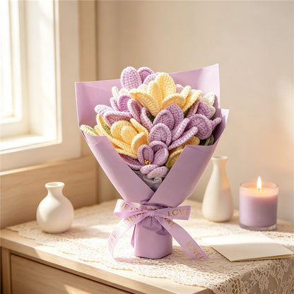 Handmade Crochet Tulip Bouquet, Everlasting Soft Yarn Crochet Purple