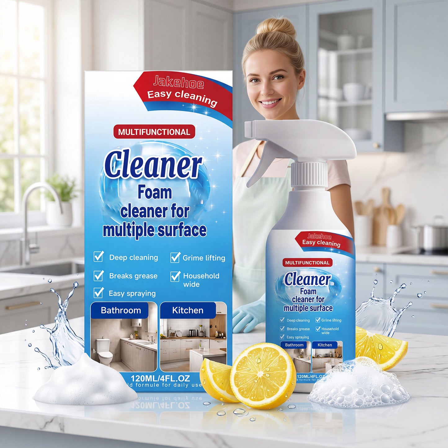JAKEHOE Multi-Purpose Cleaner With Gentle Formula Cleans And Removes Grease, Stains, And Odors From Furniture, Tiles, And Kitchens.