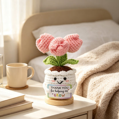 Handmade Crochet Tulip Pot Ornament With White Crocheted Container Soft Yarn Everlasting Crochet Blooms With Thankful Message Card Indoor Home