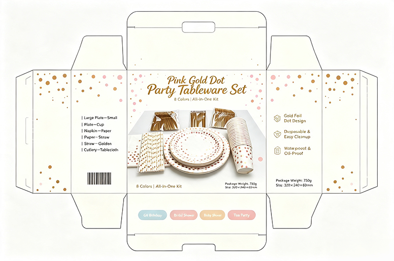 Pet Supplies - Disposable Gold Dot Party Tableware Set, Paper Plates