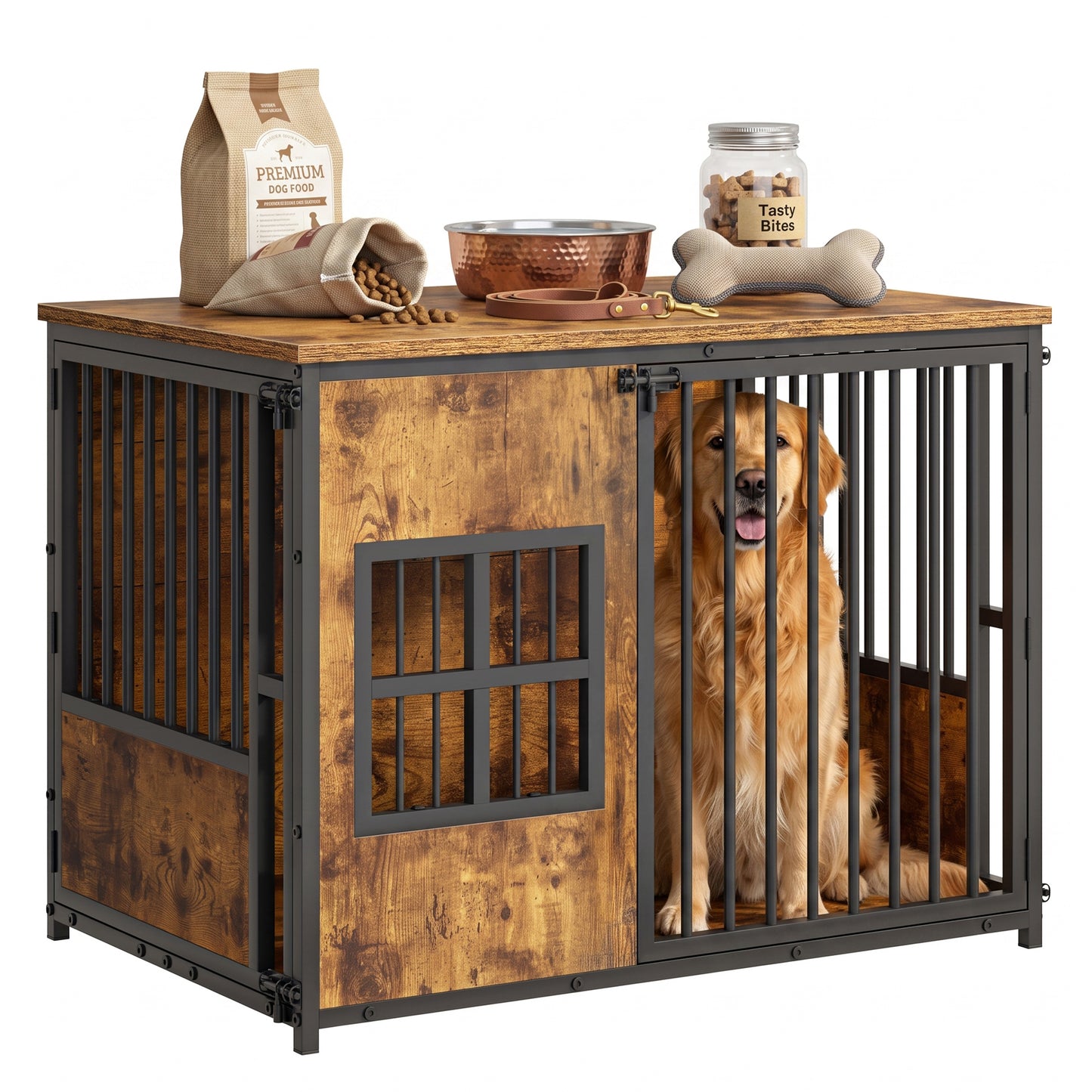 Wooden Dog Crate Furniture, Large Dog Kennel with Storage Top, Indoor Pet Cage
