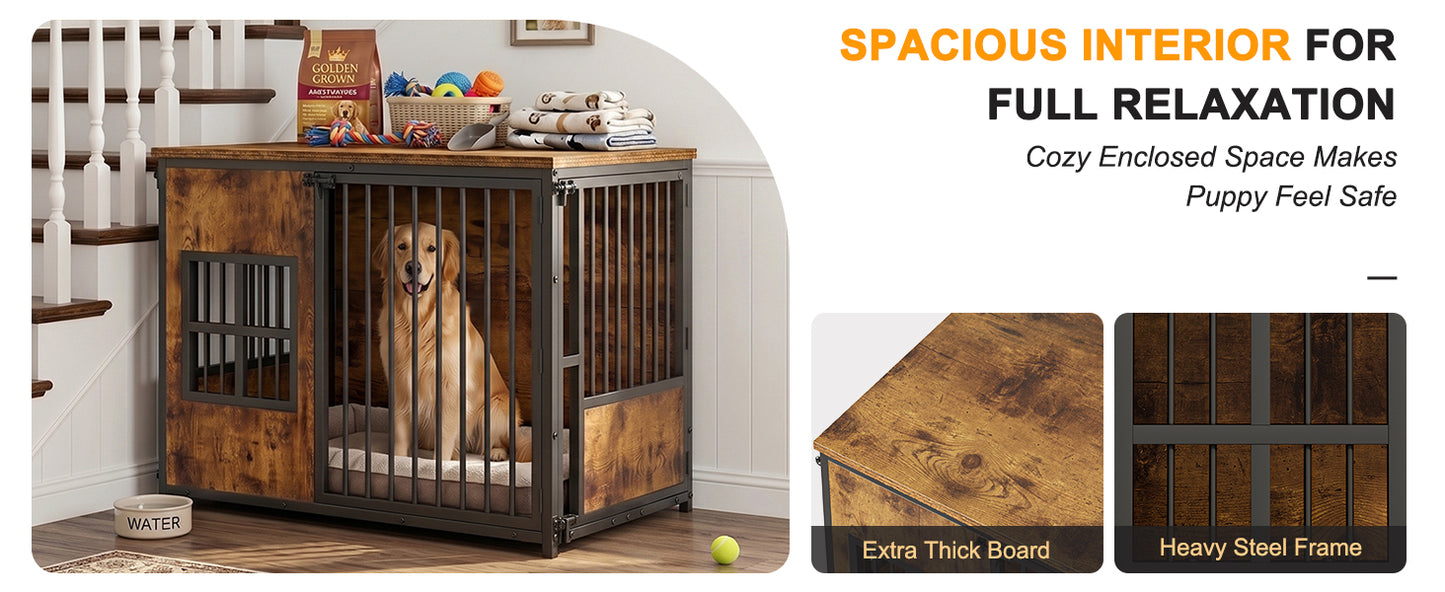 Wooden Dog Crate Furniture, Large Dog Kennel with Storage Top, Indoor Pet Cage