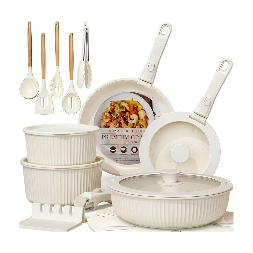 21 Pcs Striped Pots And Pans Set Non Stick, No-stick Cookware Set Detachable Handle, Kitchen Cooking Set Removable Handles, Oven Safe, Induction