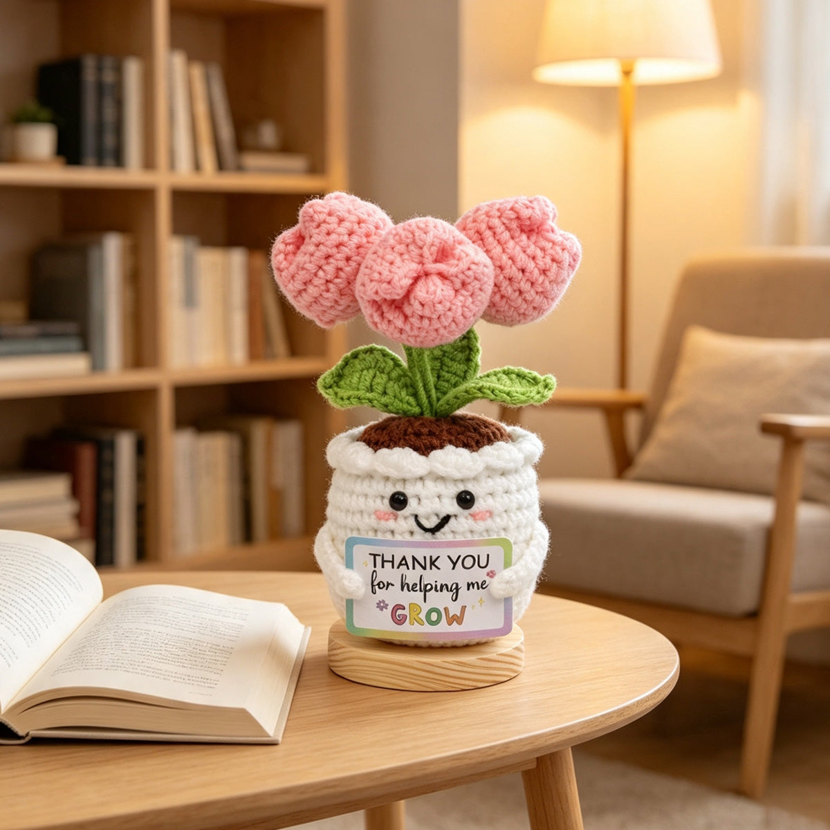 Handmade Crochet Tulip Pot Ornament With White Crocheted Container Soft Yarn Everlasting Crochet Blooms With Thankful Message Card Indoor Home