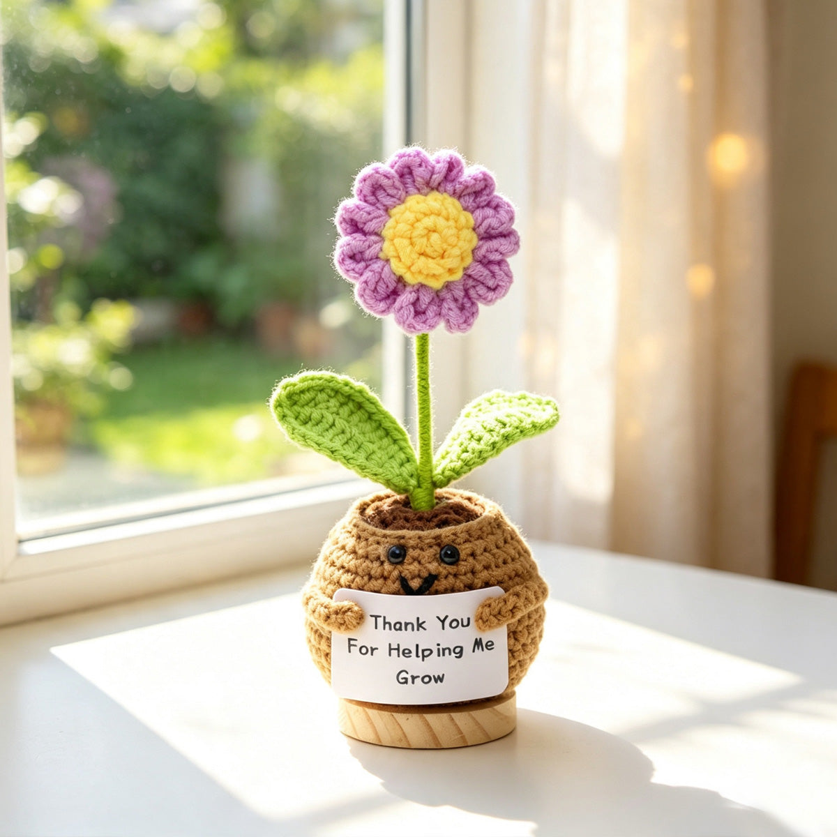 Handmade Crochet Smiling Face Potted Purple Flower Ornament, Everlasting Soft Yarn Crochet Small Flower, Cozy Home Tabletop Decorative Decor
