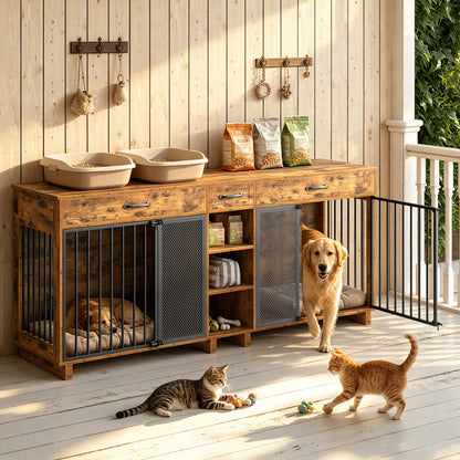 Large Wooden Dog Crate Furniture, Multi-Functional Pet Cage Cabinet