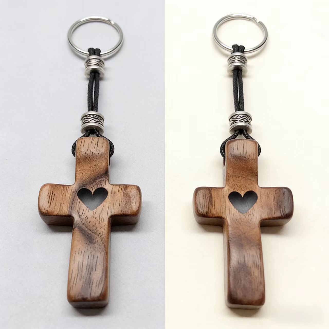 Black Walnut Wood Cross Keychain with Heart Charm - Easter Wooden Pendant for Bag Decor Gift