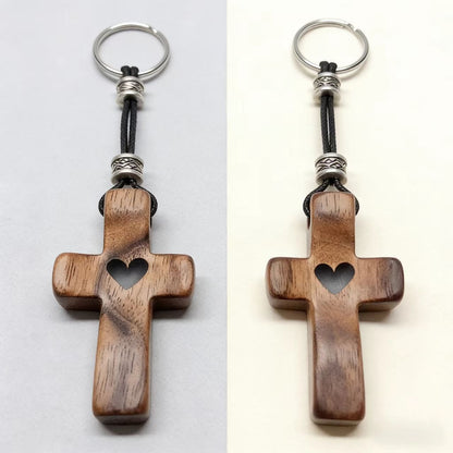 Black Walnut Wood Cross Keychain with Heart Charm - Easter Wooden Pendant for Bag Decor Gift