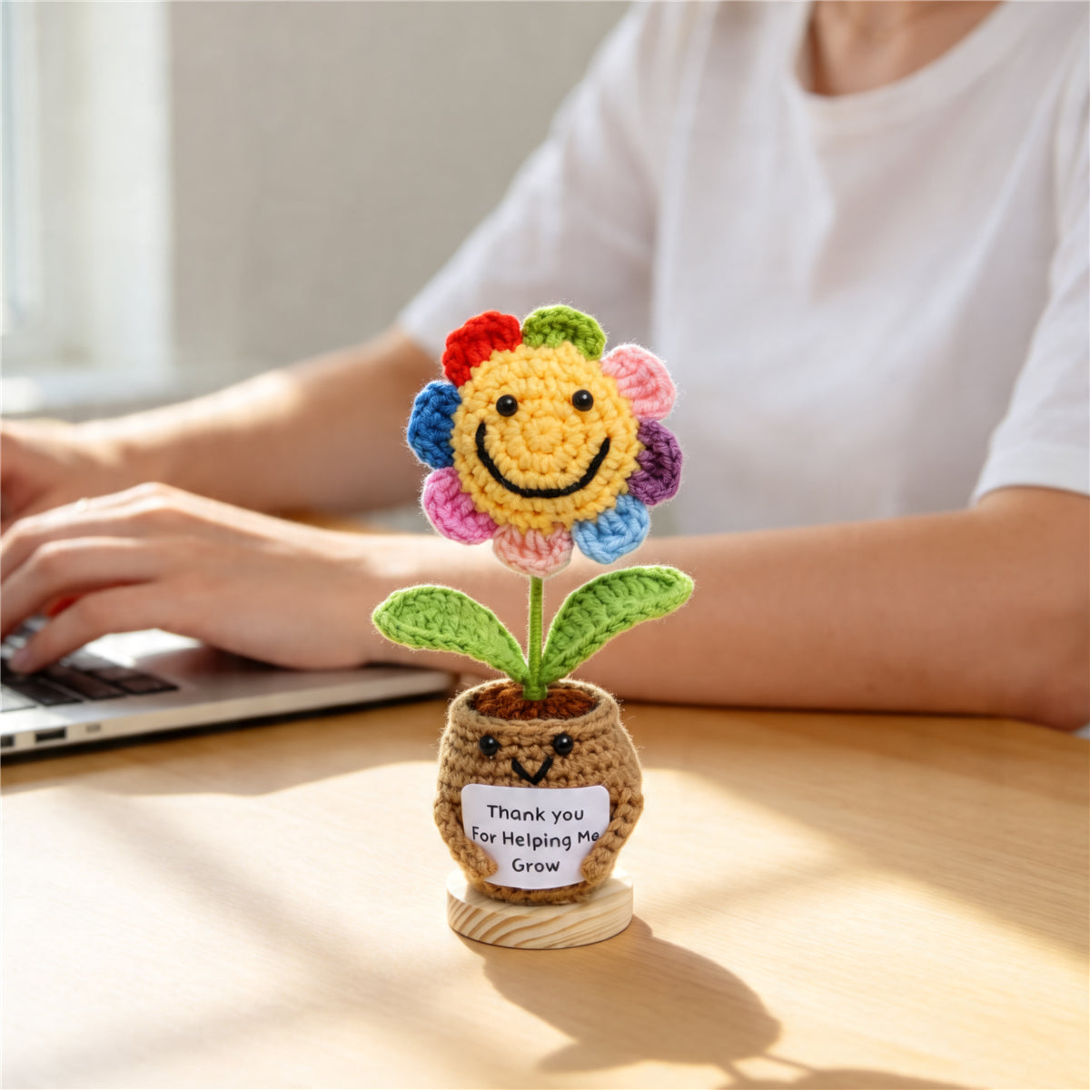 Handmade Crochet Potted Flower, Cute Flower Pot Matched With Rainbow Smiling Sunflower, Soft Yarn Everlasting Crochet Floral Pot, Indoor Home Desktop