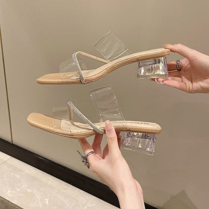 New Women Outdoor Slides, Versatile Rhinestone Block Heel Fairy Style Anti-Slip High Heels For Home & Daily Wear