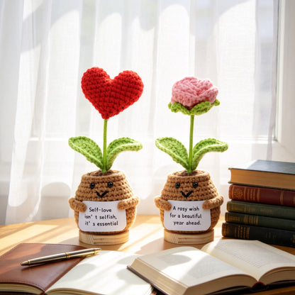 Handmade Crochet Romantic Shaped Potted Flower Ornaments, Everlasting Soft Yarn Crochet Blooms With Inspirational Note, Indoor Home Tabletop