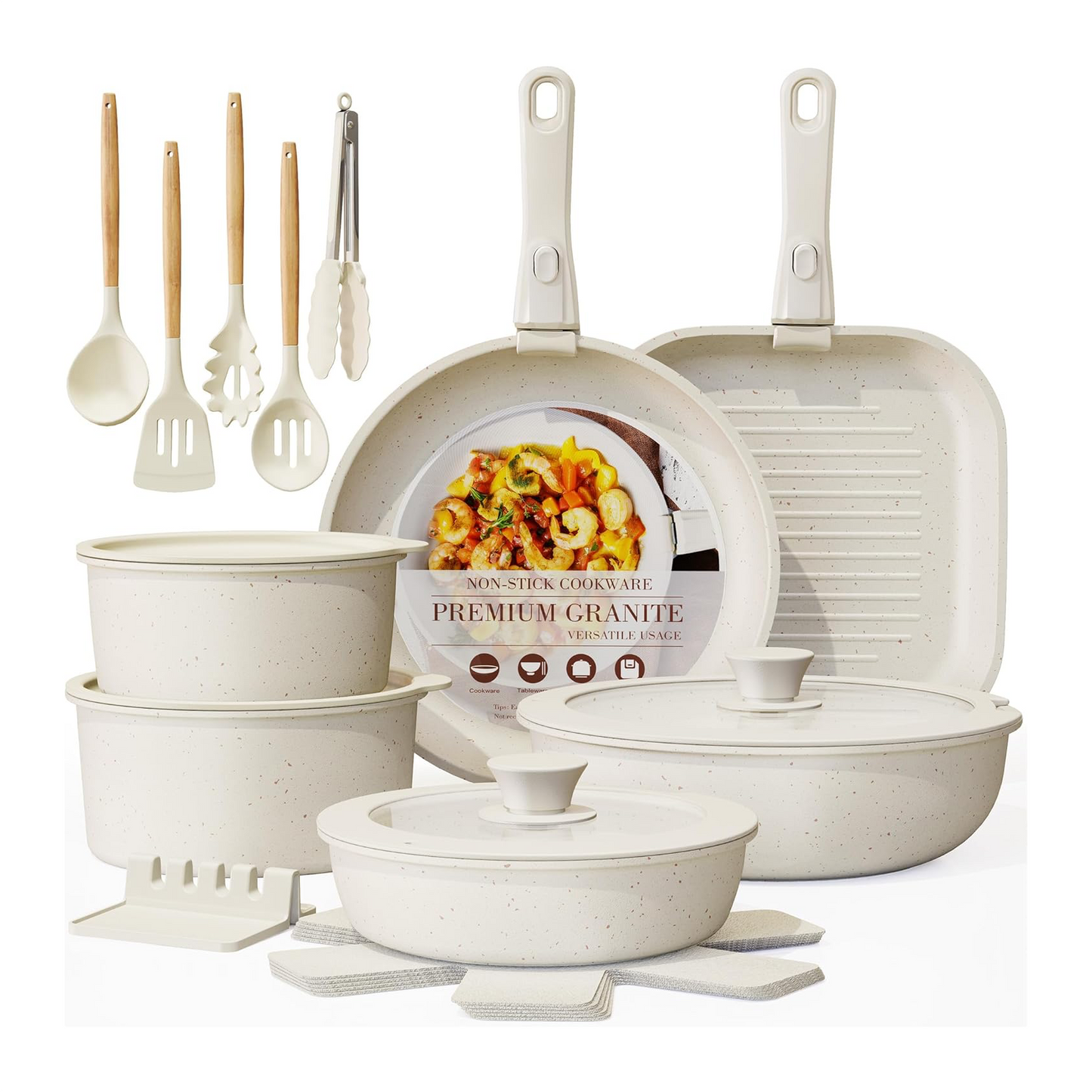 21 &23 Pcs Pots And Pans Set Non Stick, No-stick Cookware Set Detachable Handle, Kitchen Cooking Set Removable Handles, Oven Safe, Induction Ready