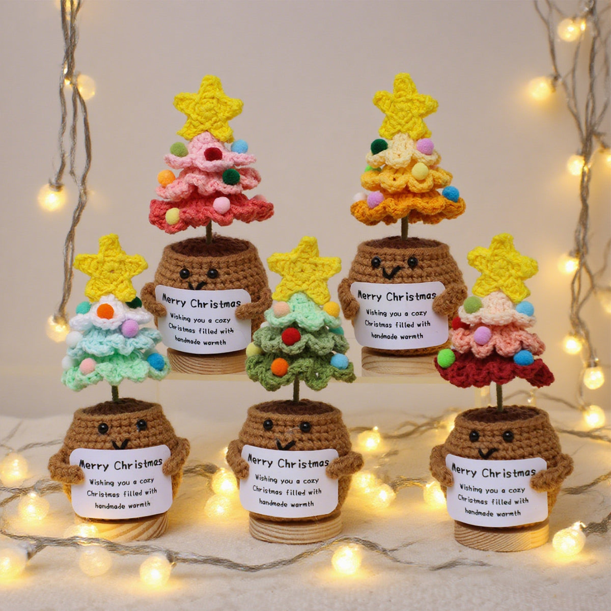 Handmade Crochet Christmas Tree Combined Potted Flower Ornaments, Everlasting Soft Yarn Crochet Saplings With Festive Message Cards, Indoor Home