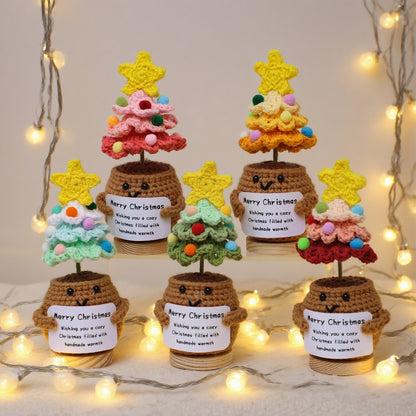 Handmade Crochet Christmas Tree Combined Potted Flower Ornaments, Everlasting Soft Yarn Crochet Saplings With Festive Message Cards, Indoor Home